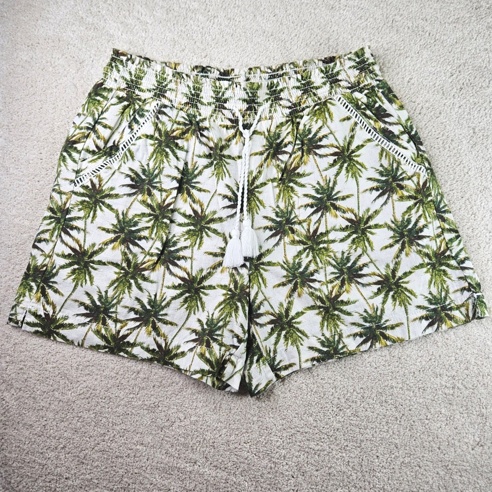 Briggs Linen Palm Tree Print Shorts Smocked Waist Casual Summer White Green Sz L